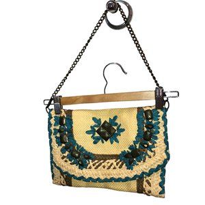 V by Eva cream turquoise beaded STRAW convertible cross body clutch bag